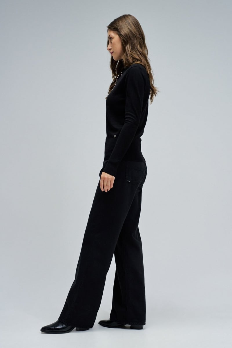 Black Knit Sweater with Pearl Bow Neckline