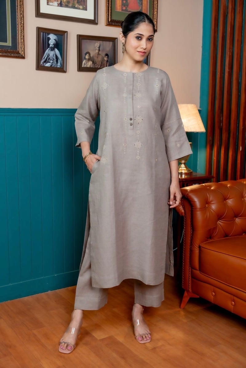 Fossil Grey Linen Kurta Set with Tonal Embroidery