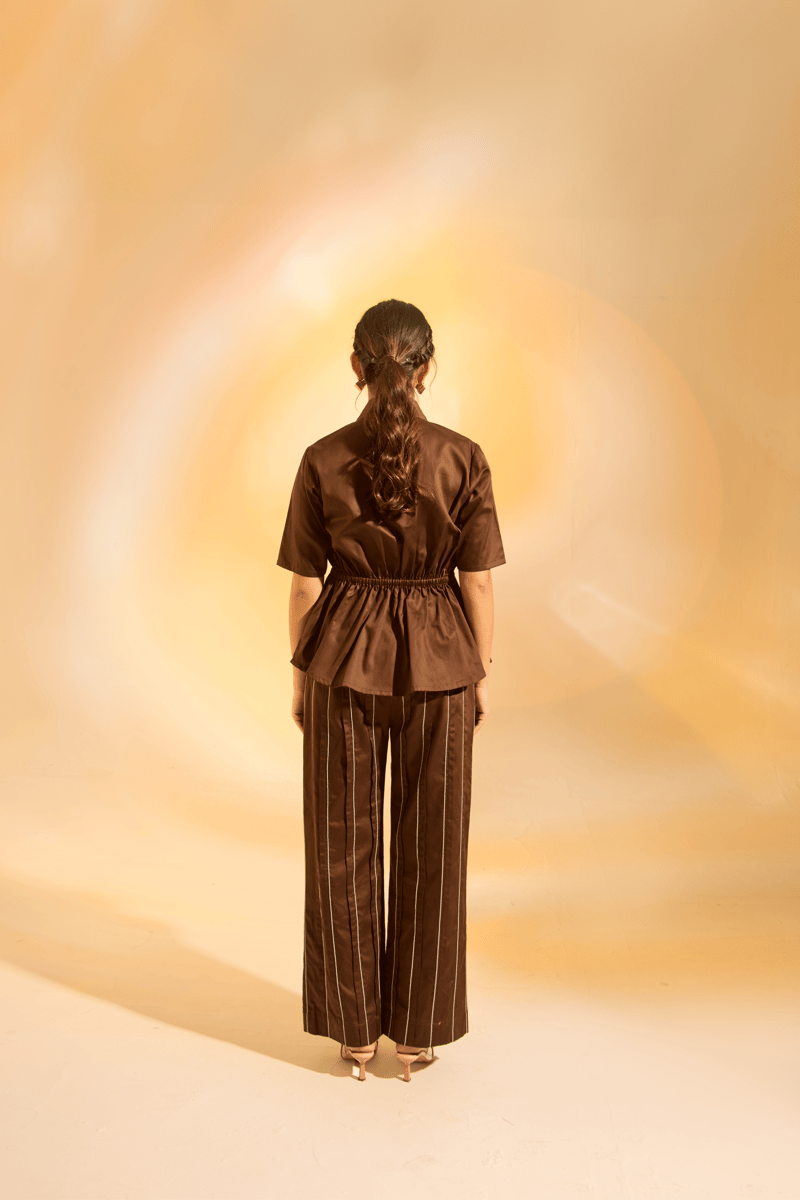 Brown Cotton Satin Embroidered Shirt and Pants Co-ord Set