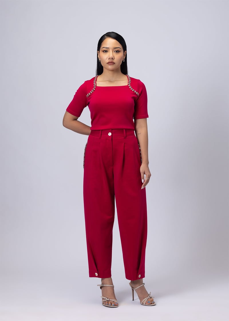 Raspberry Pink High-Rise Barrel-Leg Trousers — Alonge