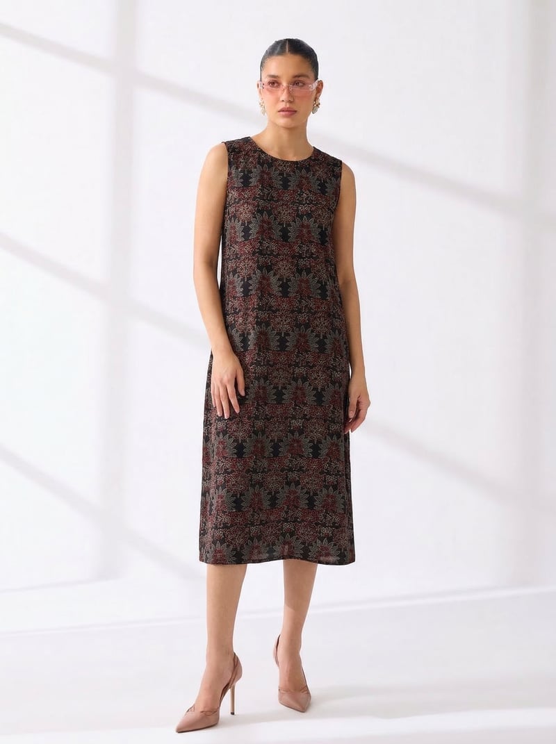 Black Printed Sleeveless Midi Shift Dress — Festive Folks