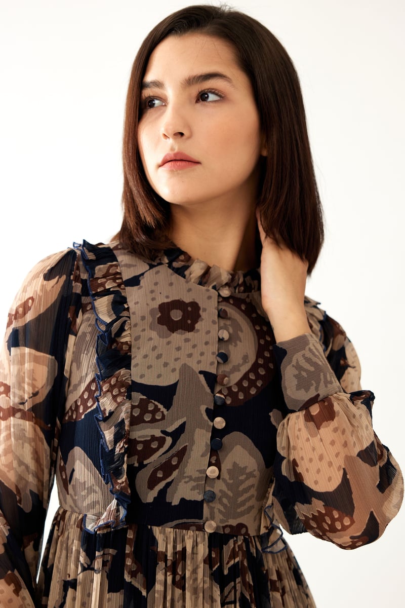 Dark Blue And Beige Floral Long Dress