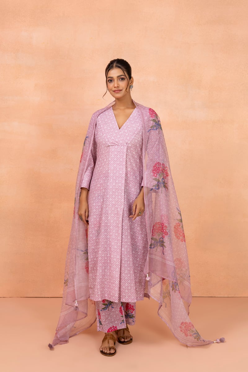 Pink Printed A-Line Cotton Kurta Set with Dupatta