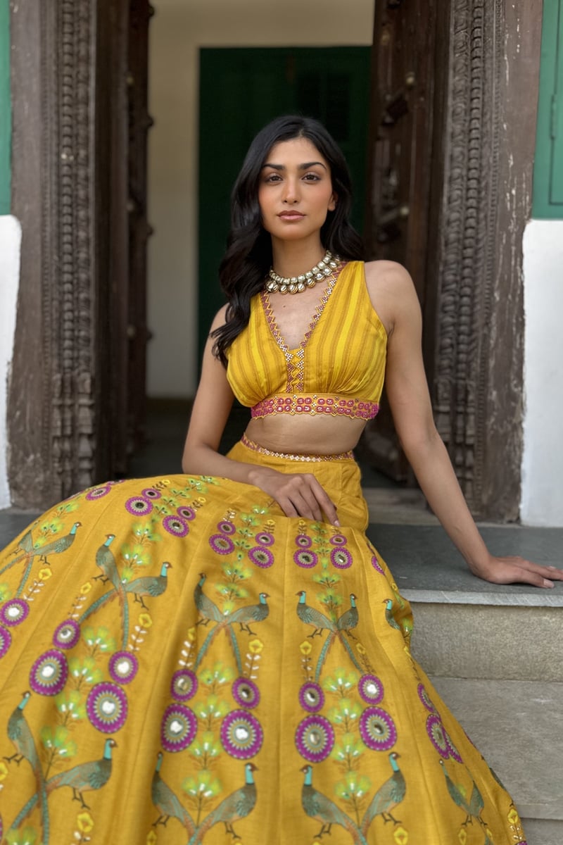 Yellow Printed Lehenga Set with Embroidered Tie-Back Blouse