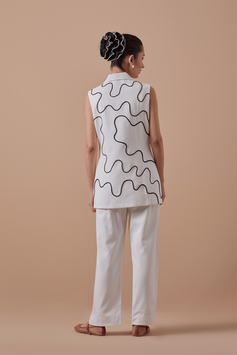 White Sleeveless Double-Breasted Blazer with Dori Embroidery
