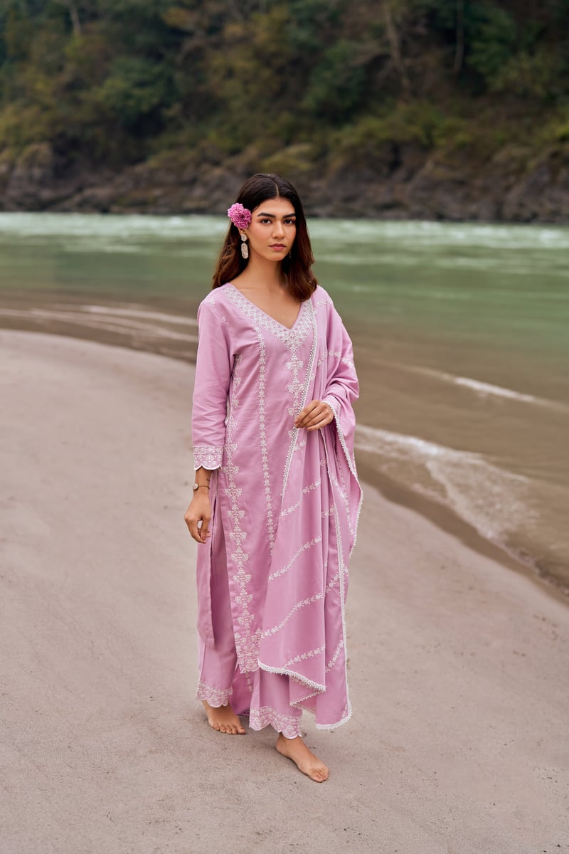 Lavender Cotton Embroidered Straight Kurta Set with Dupatta