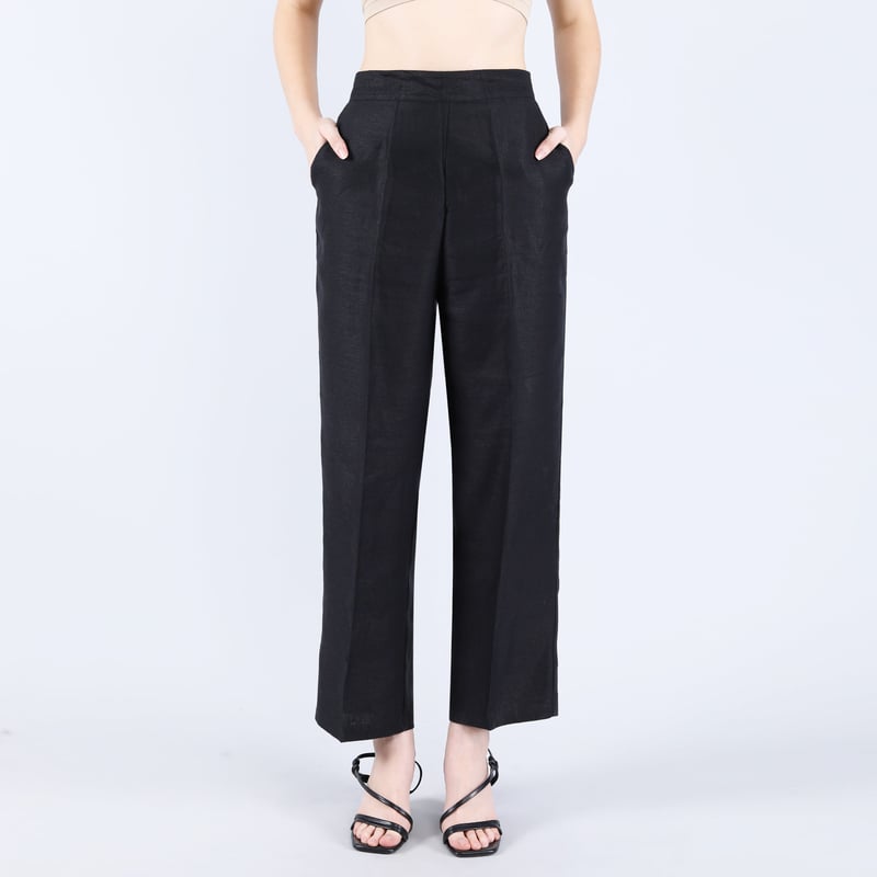 Black Linen Twill Wide-Leg High-Rise Trousers
