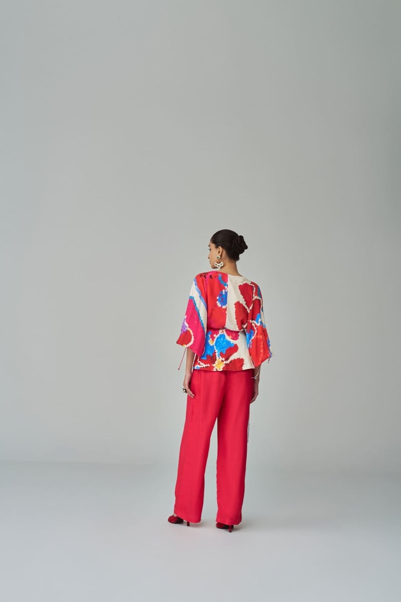 Pink/Red High-Waist Palazzo Trousers with Pockets