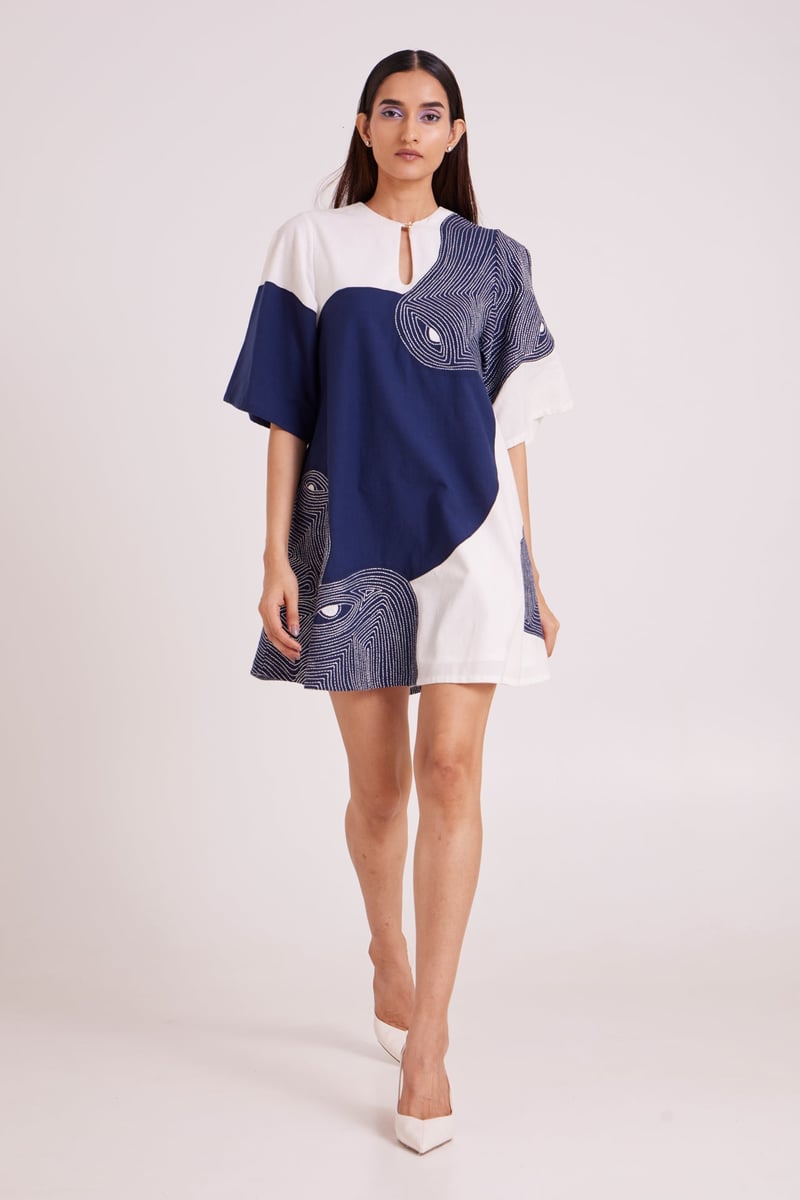 Navy and Off-White Colorblock Embroidered Mini Shift Dress