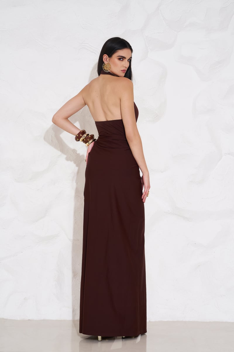 Brown Lycra Cowl Neck Halter Backless Top