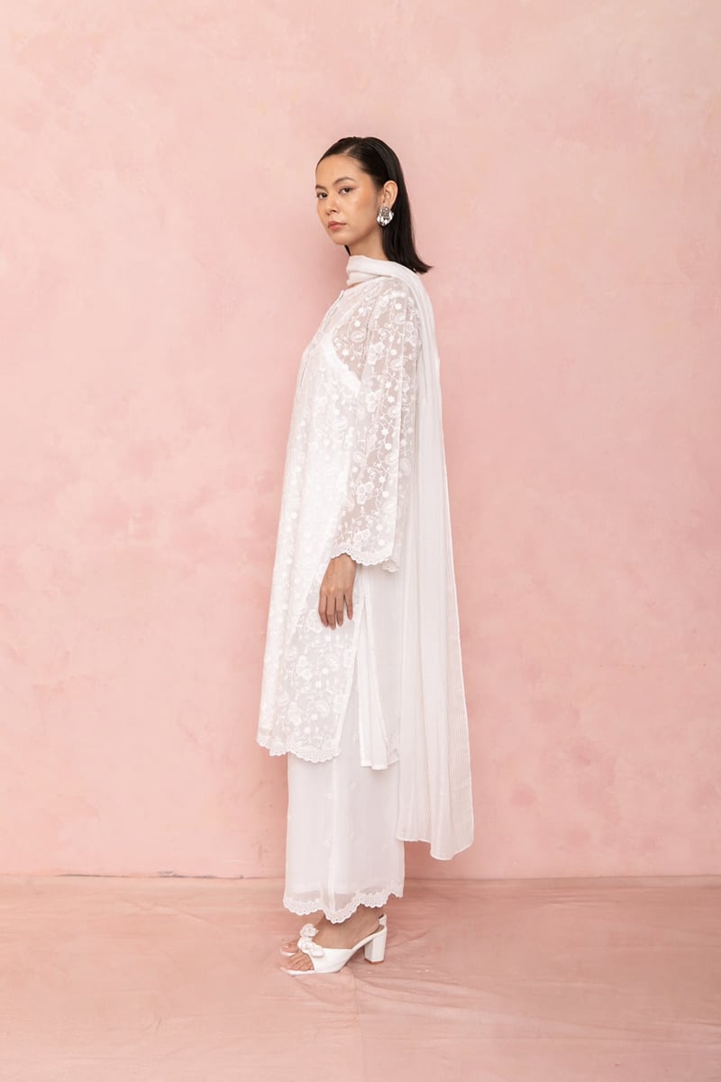 White Organza Tonal Embroidered Kurta Set