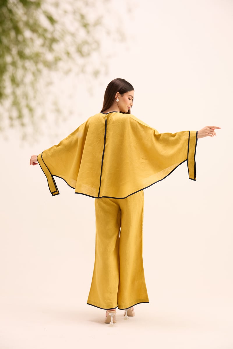 Ochre Linen Cape Top and Wide-Leg Pants Co-ord Set