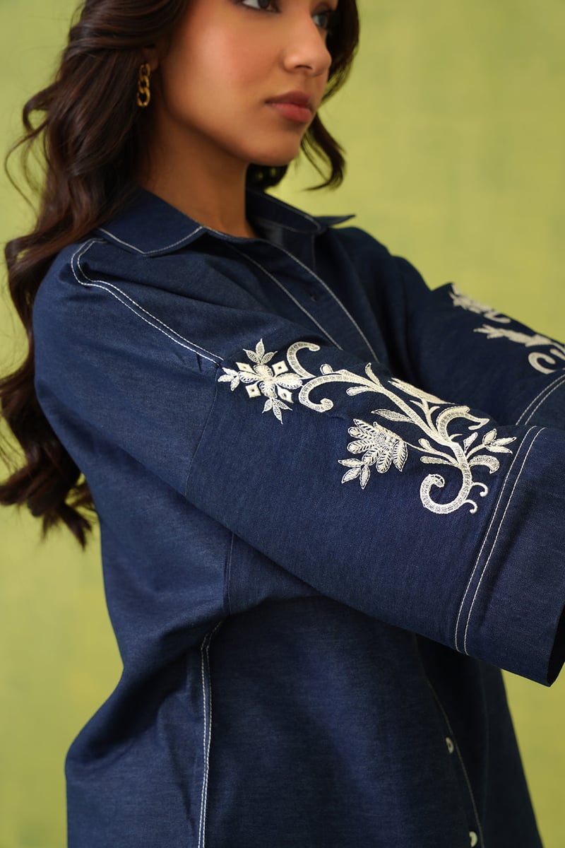 Denim Blue Embroidered Shirt and Wide-Leg Co-ord Set