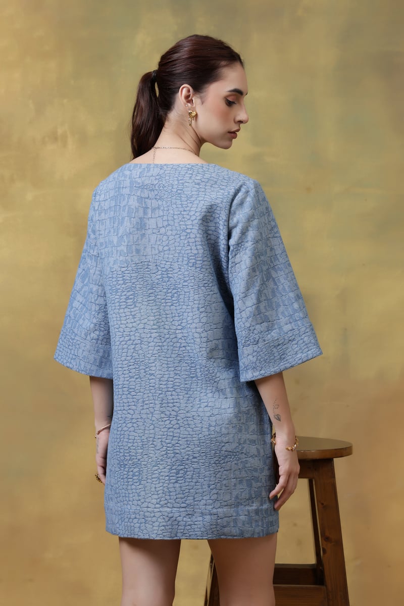 Medium Blue Textured Denim Mini Dress with Rivet Details