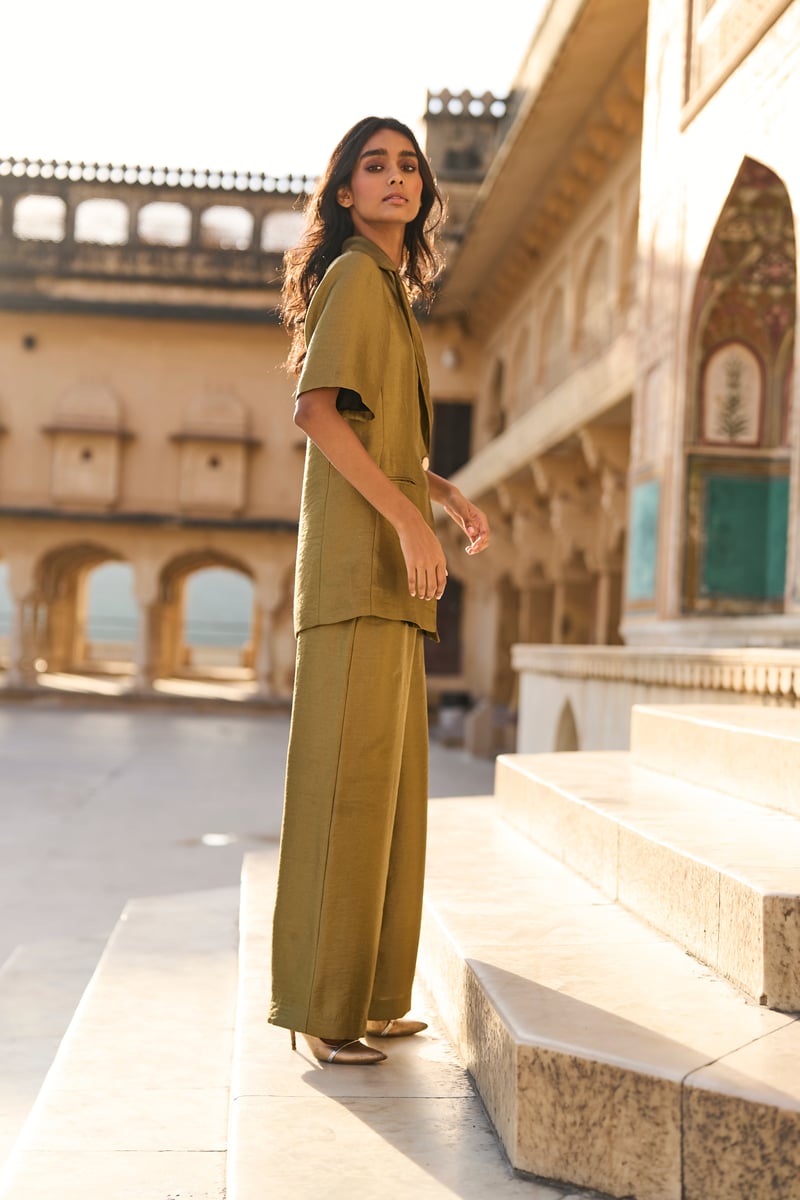 Olive Metallic Lamé Twill Straight-Leg Trousers