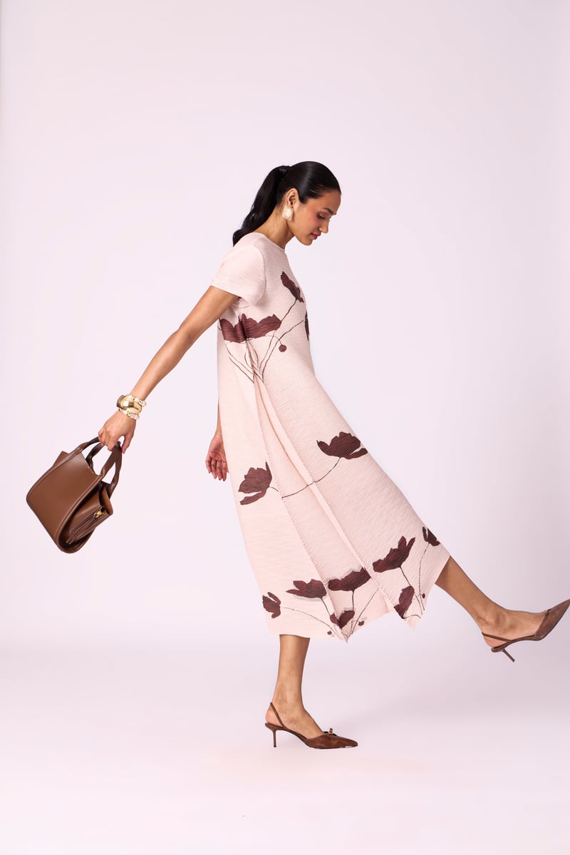 Nude Beige Pleated Floral Midi Dress