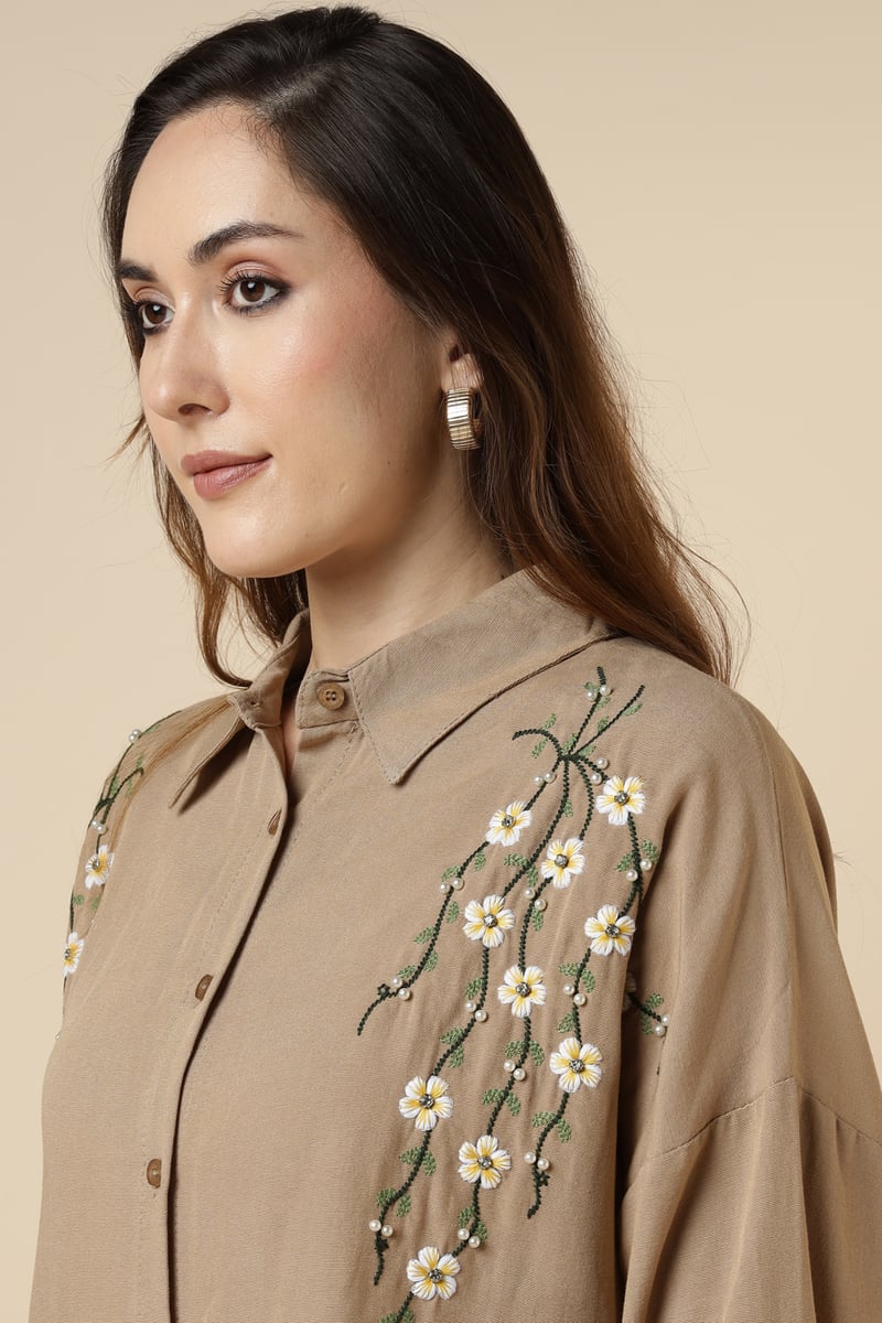 Brown Longline Embroidered Button-Down Shirt