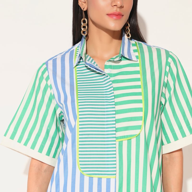 Blue Green Striped Panelled Cotton Midi Shirtdress