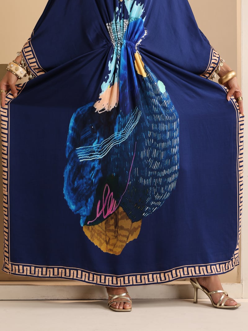 Blue Hand-Painted Abstract Modal Satin Kaftan