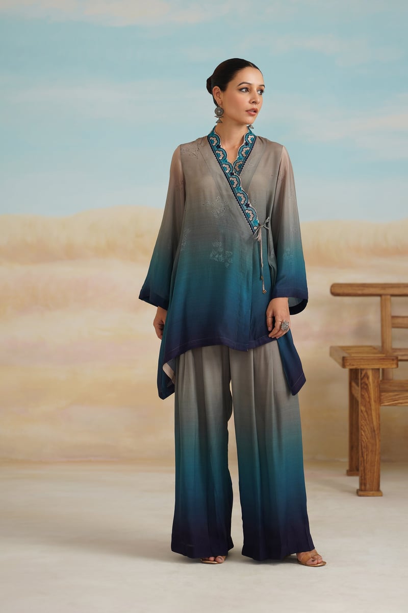 Multicolor Ombre Wrap Top and Wide-Leg Pants Co-ord Set