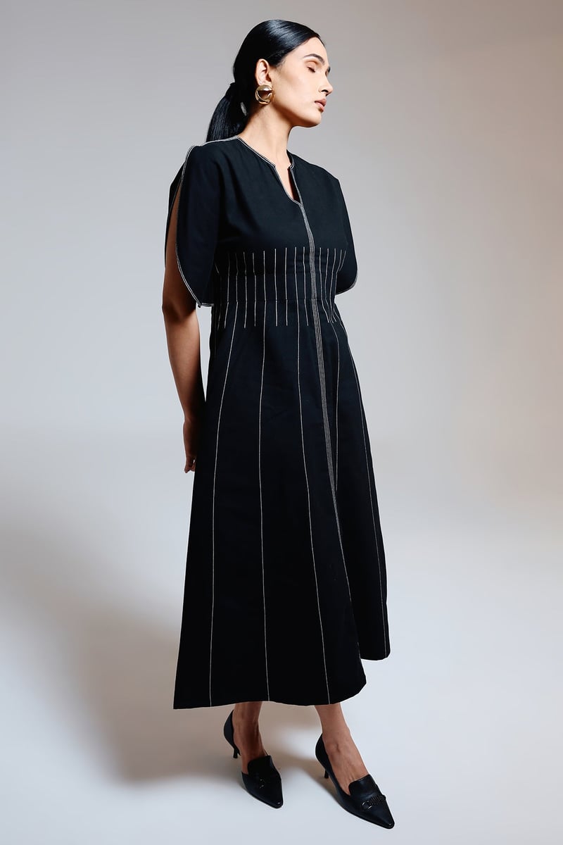 Black A-Line Midi Dress with Cape Sleeves