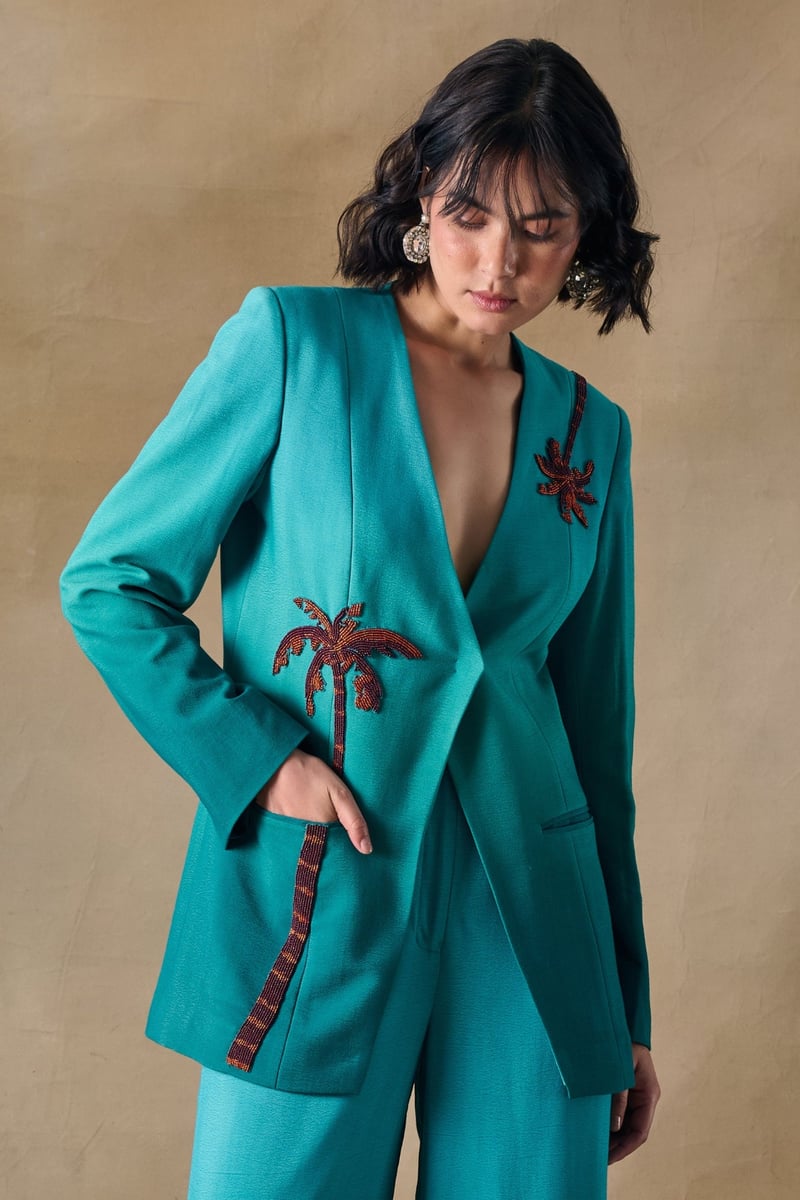 Teal Green Ombre Tailored Blazer with Beadwork Detail