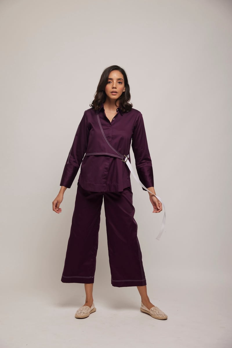 Purple Cotton Satin Shirt and Wide-Leg Pants Co-ord Set