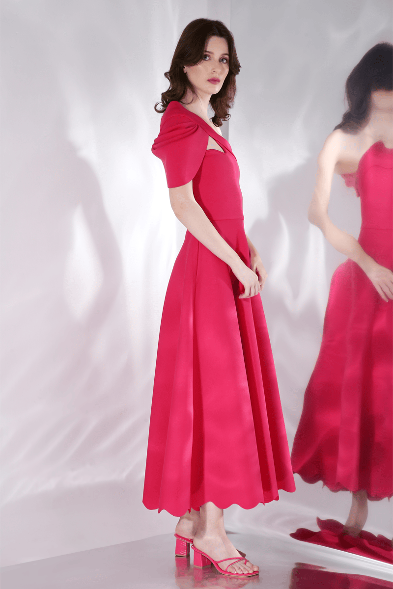 Hot Pink Fit and Flare Midi Dress with Detachable Bow