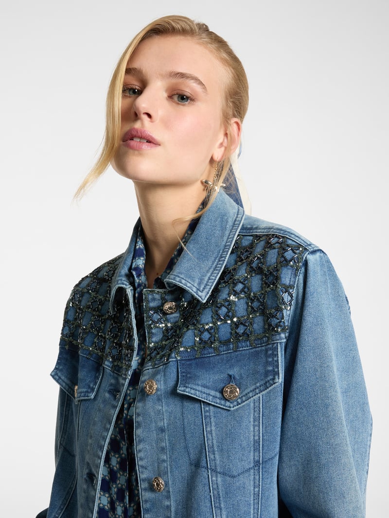 Ultramarine Blue Embellished Yoke Denim Jacket