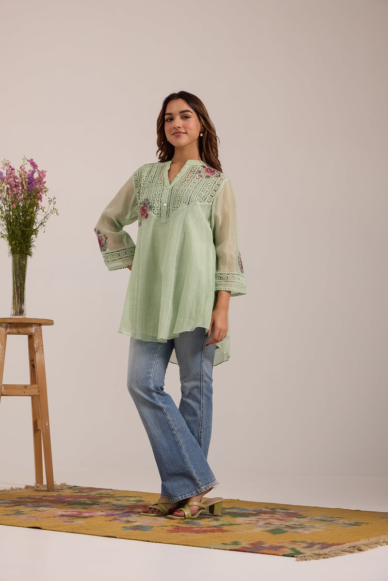 Sea Green Mul Chanderi Lace Yoke Tunic Pant Co-ord Set