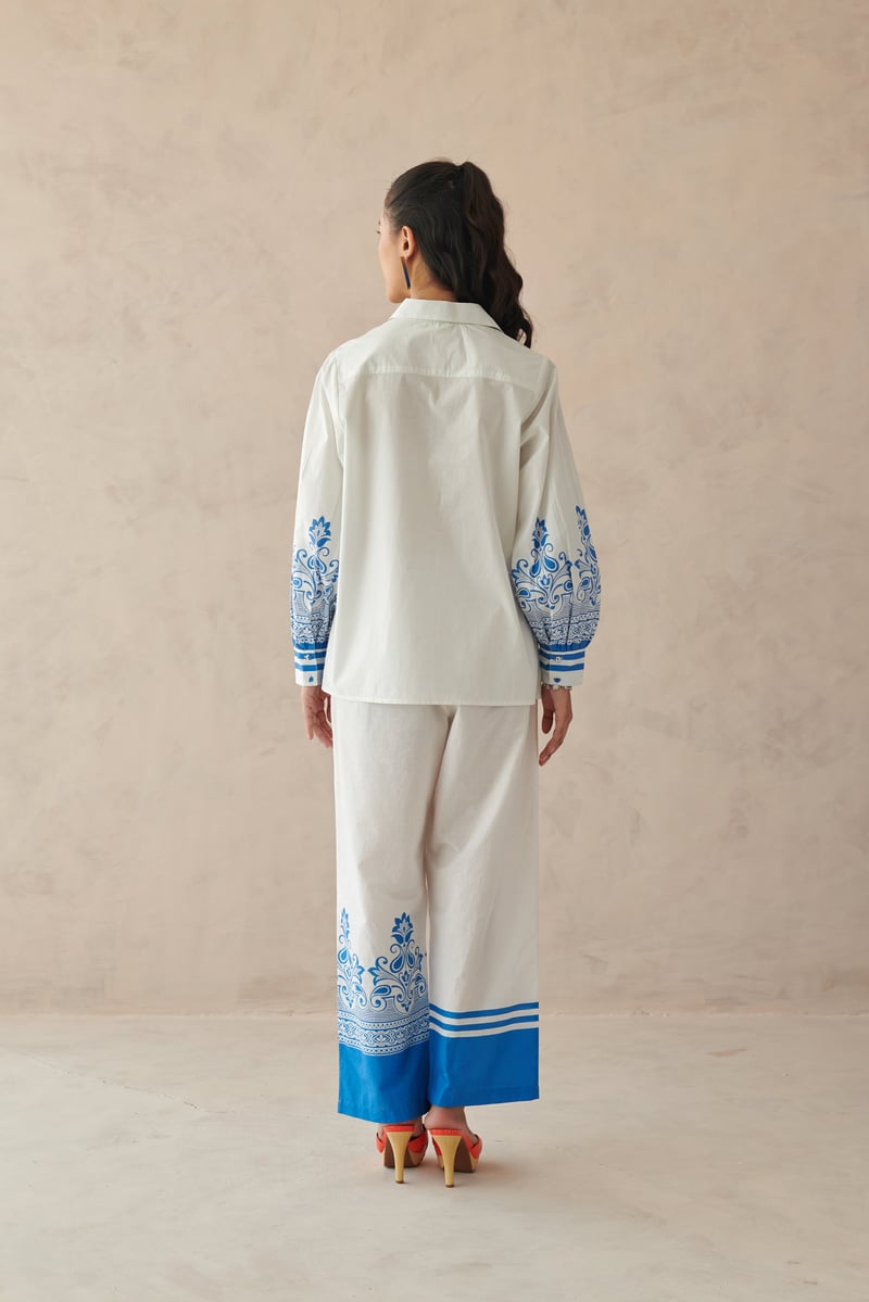 White Cotton Poplin Shirt with Blue Placement Border Print