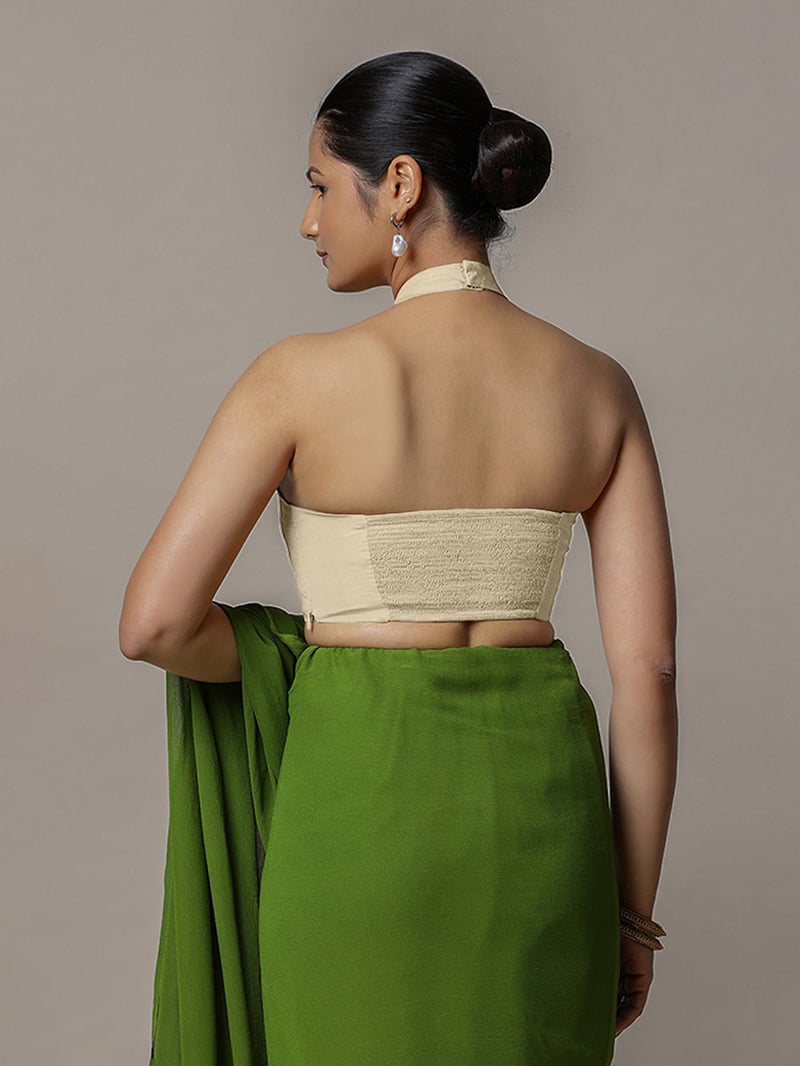 Cream Halter Neck Saree Blouse with Side Zip