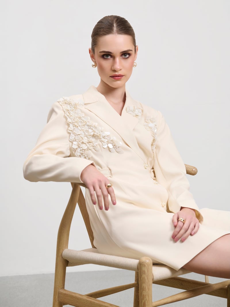 Ivory Wrap Blazer Dress with Pearl Embroidery