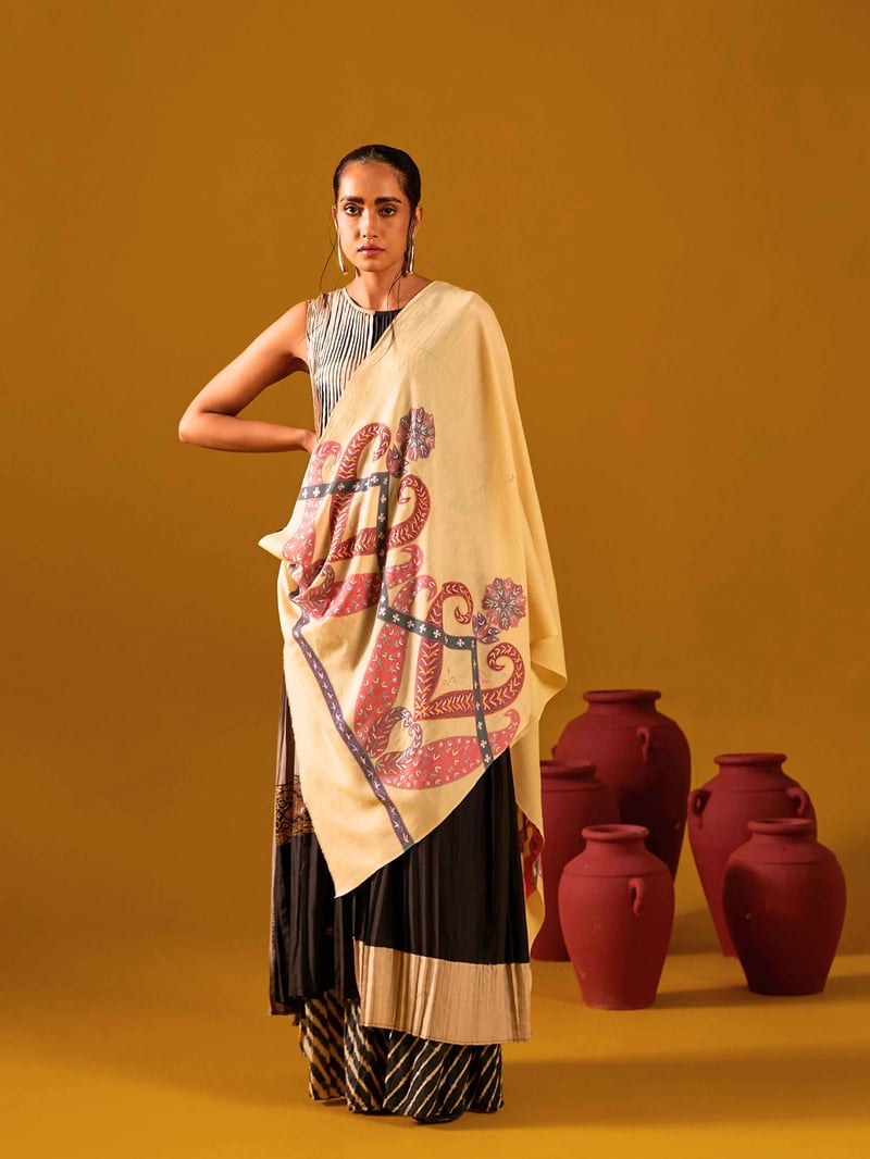 Pashmina Kalamkari Border Stole — Shaza