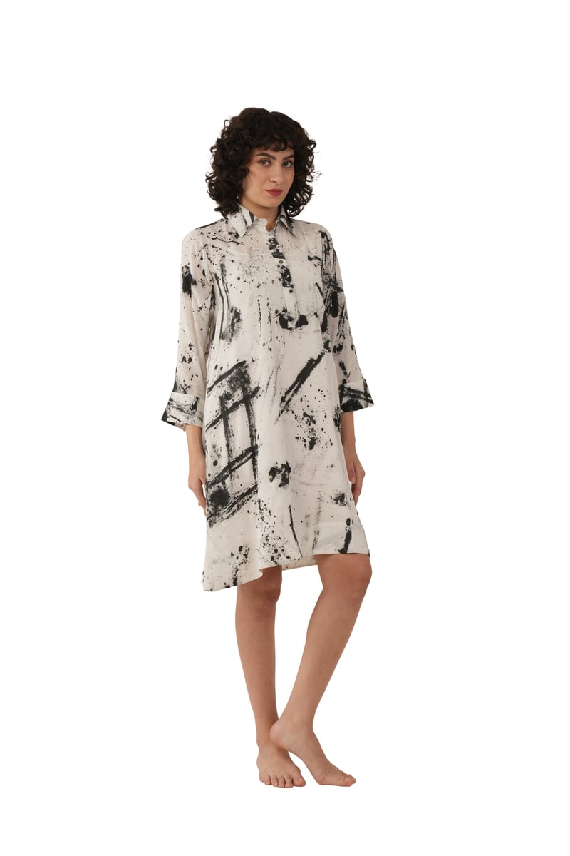 White/Black Silk Abstract Printed Longline Shirt
