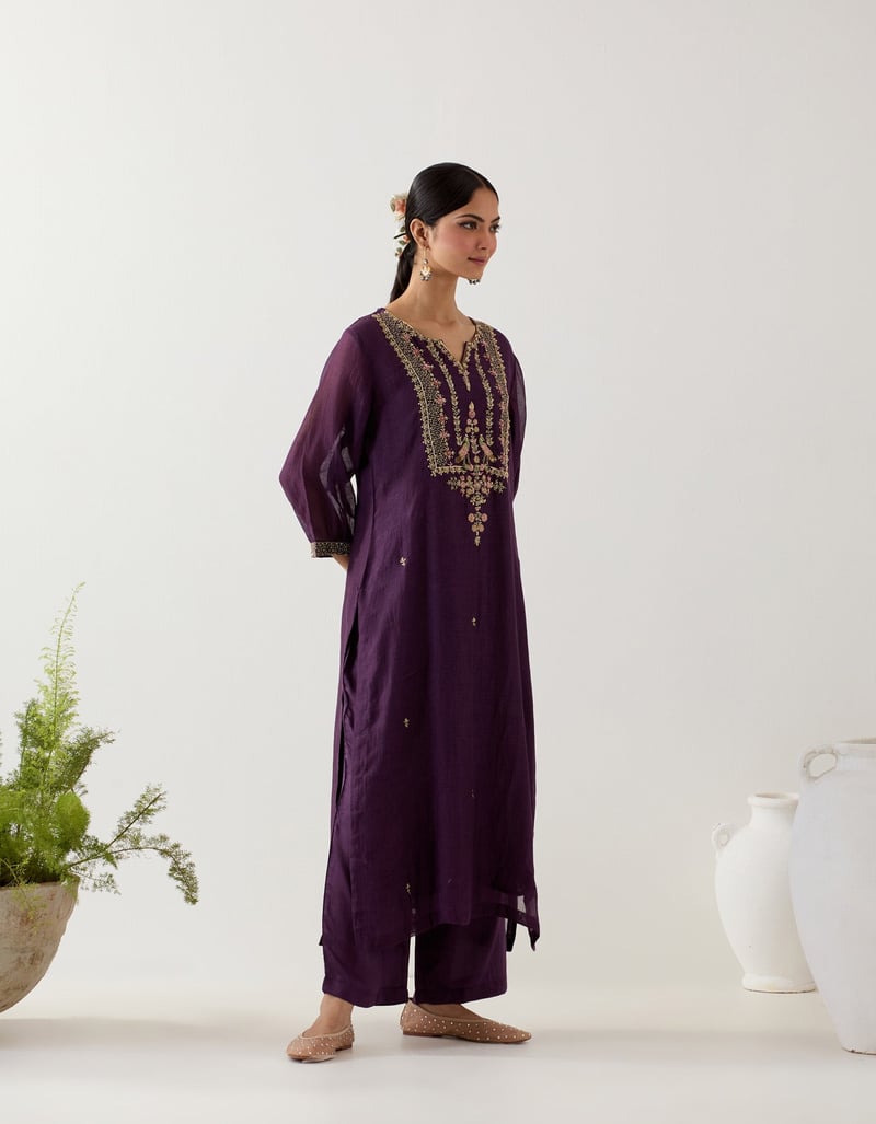 Purple Chanderi Zardozi Embroidered Kurta Set with Pants