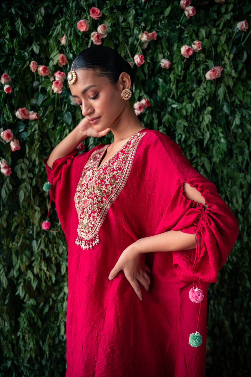 Maroon Embroidered Kaftan Kurta Set with Harem Pants