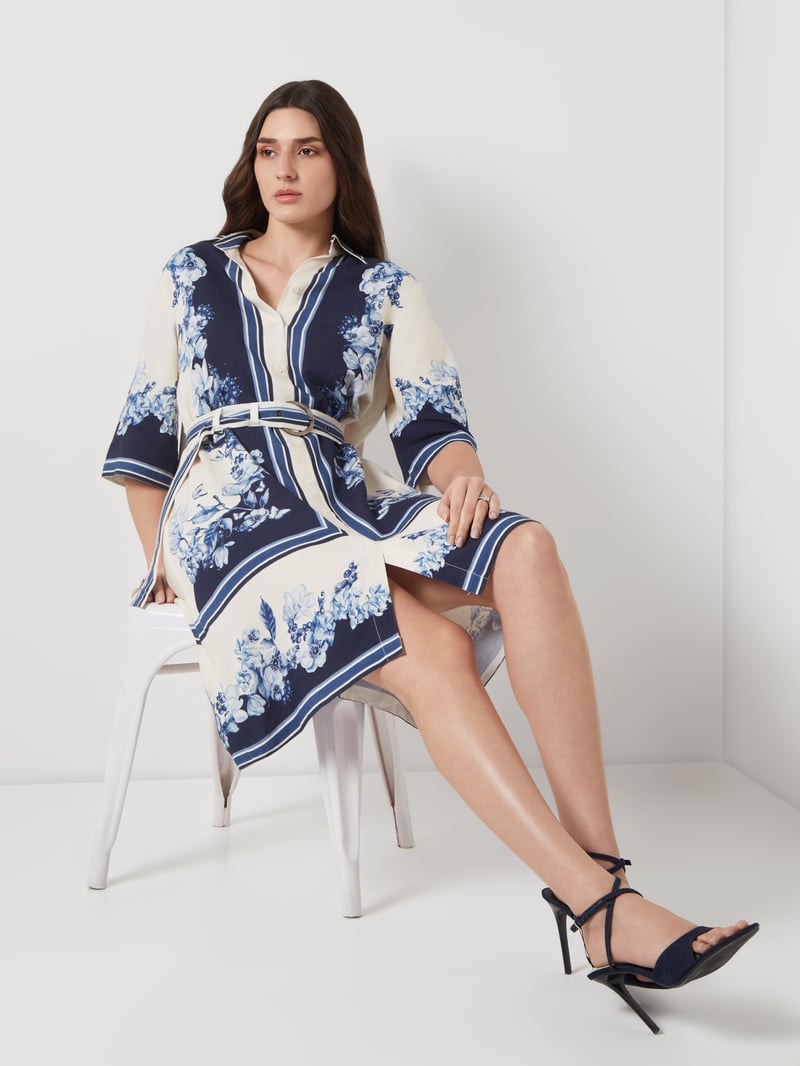Cream and Navy Colorblock Floral Belted Shirt Dress