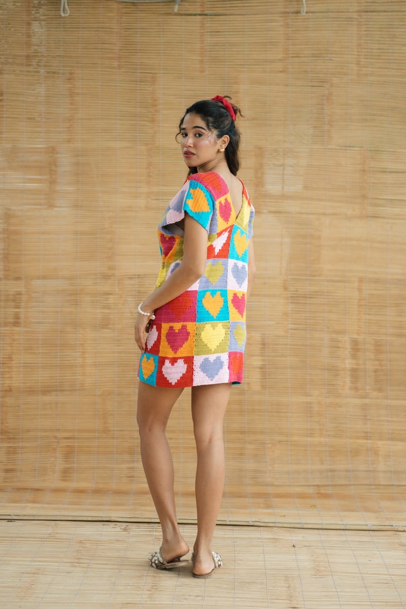 Multicolour Crochet Colorblock Heart Mini Dress with Tie-Up
