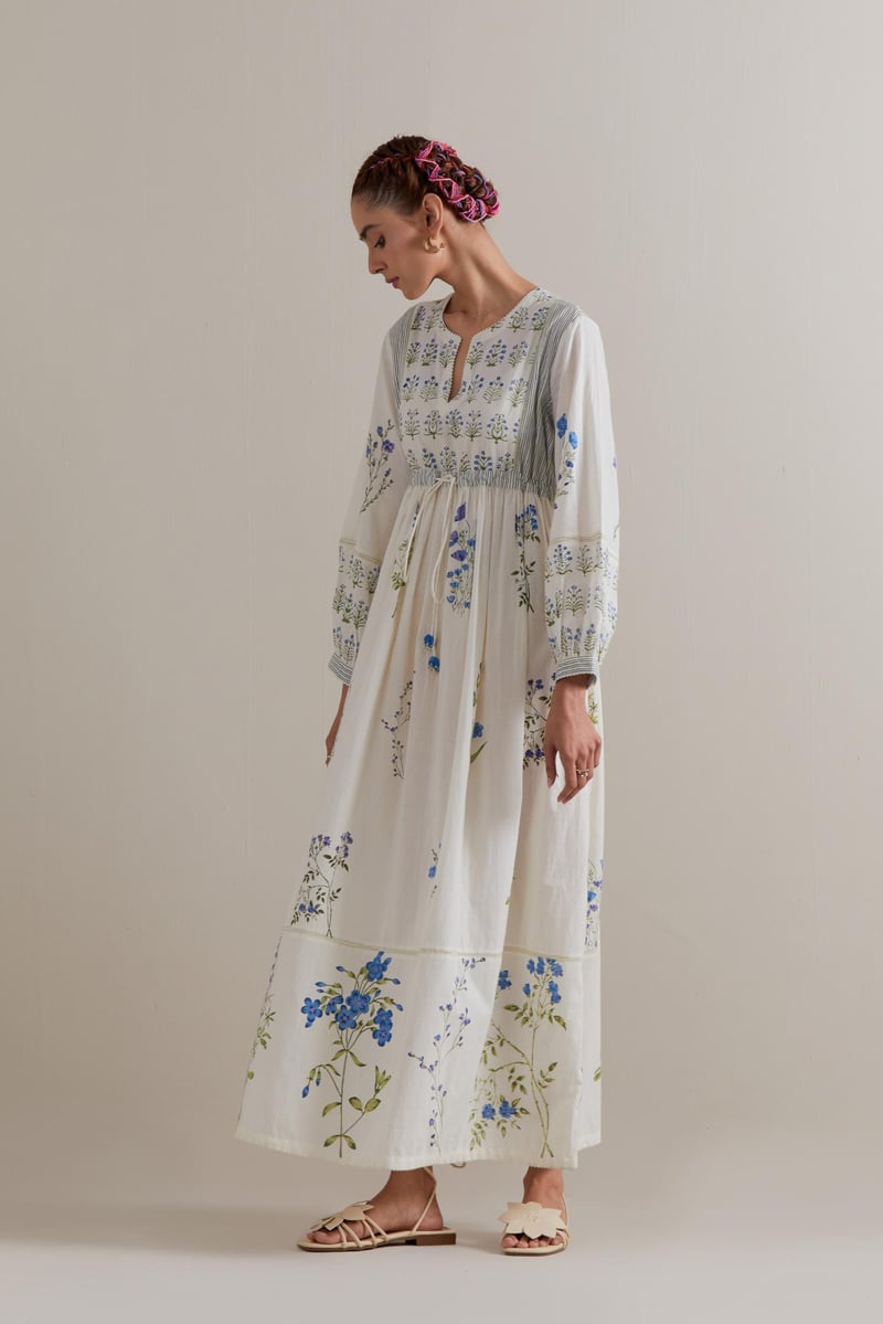 Off-White Floral Block Print Maxi Dress with Waist Tie