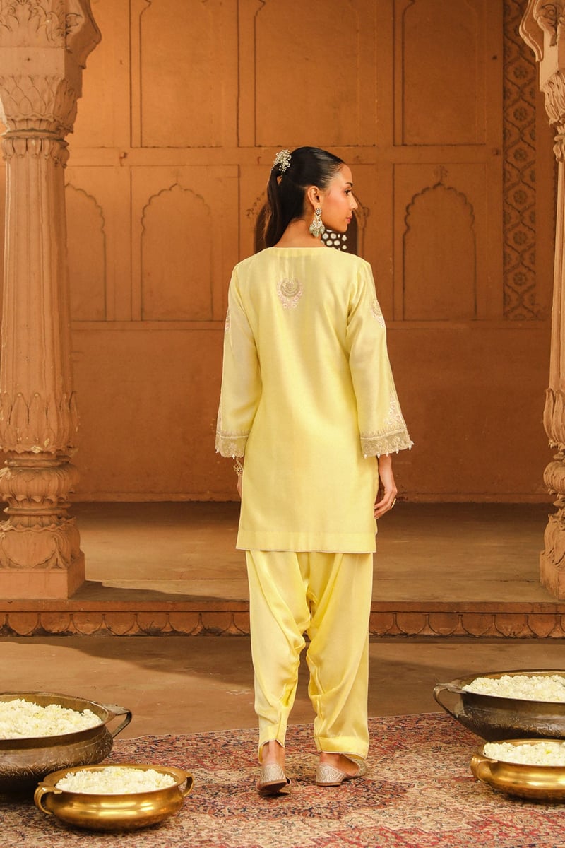 Lemon Yellow Embroidered Short Kurta with Salwar Set