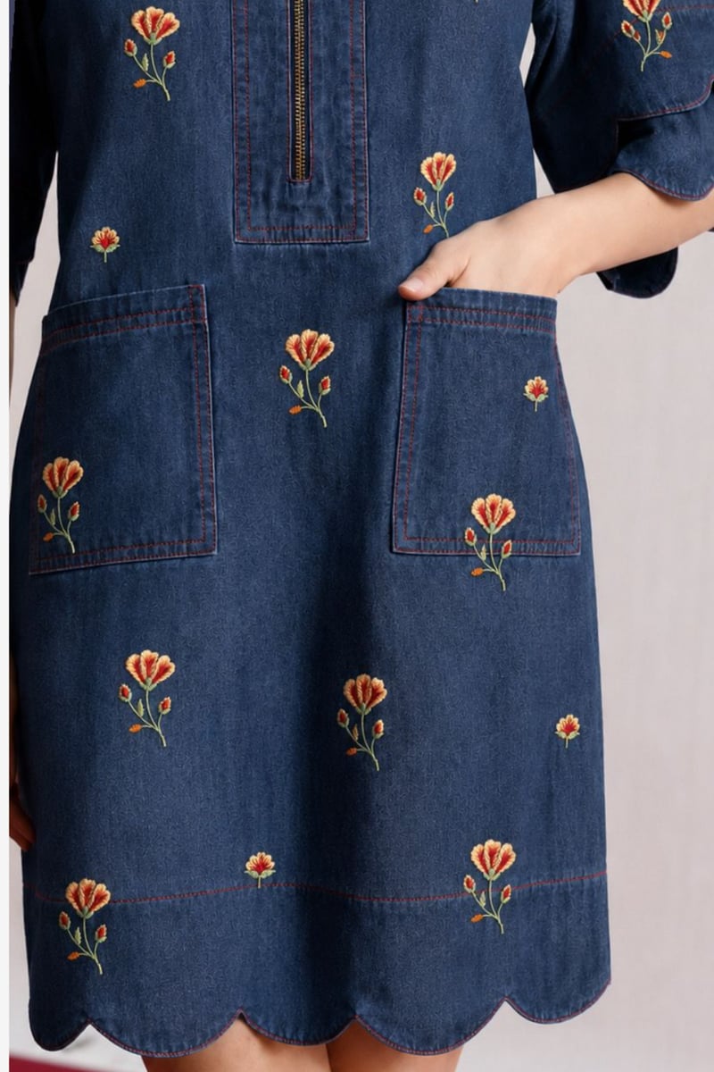 Blue Denim Embroidered Shift Mini Dress with Front Zip
