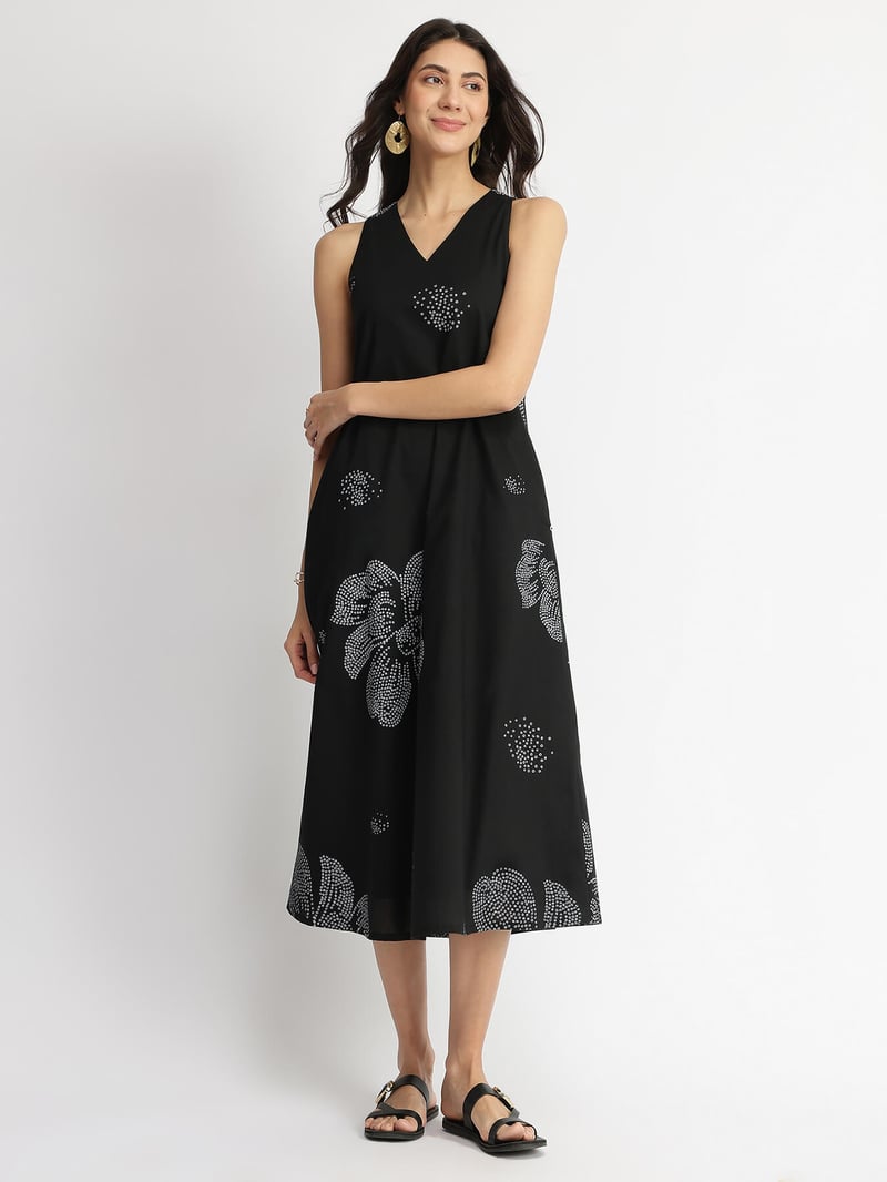 Black Cotton Bandhani Floral A-Line Midi Dress