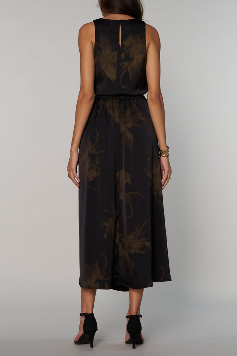 Black Satin Cowl Neck Sleeveless Printed Top