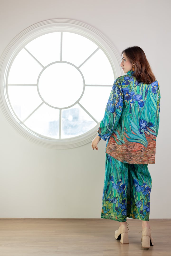 Aqua Blue Iris Print Shirt and Wide-Leg Pants Co-ord Set