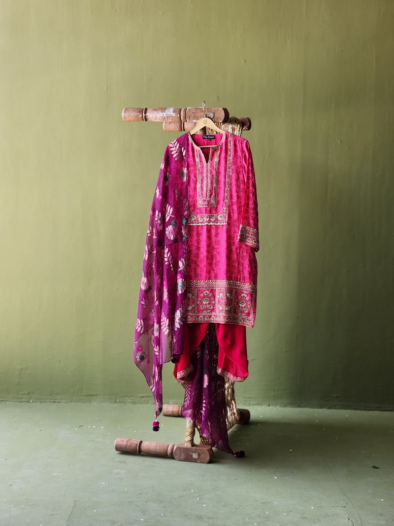 Pink Printed Short Kurta Set with Zari Embroidery — Pooja Singhal