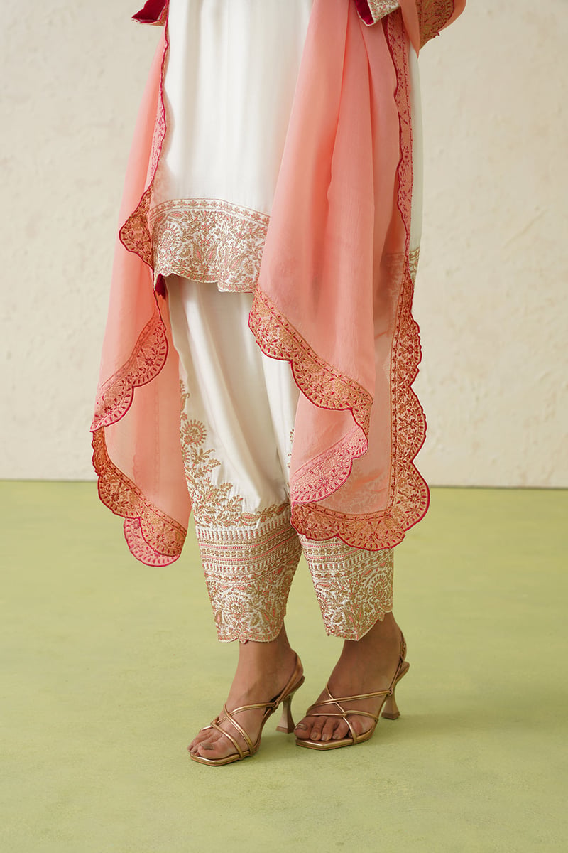 Cream Embroidered Kurta Set with Peach Organza Dupatta