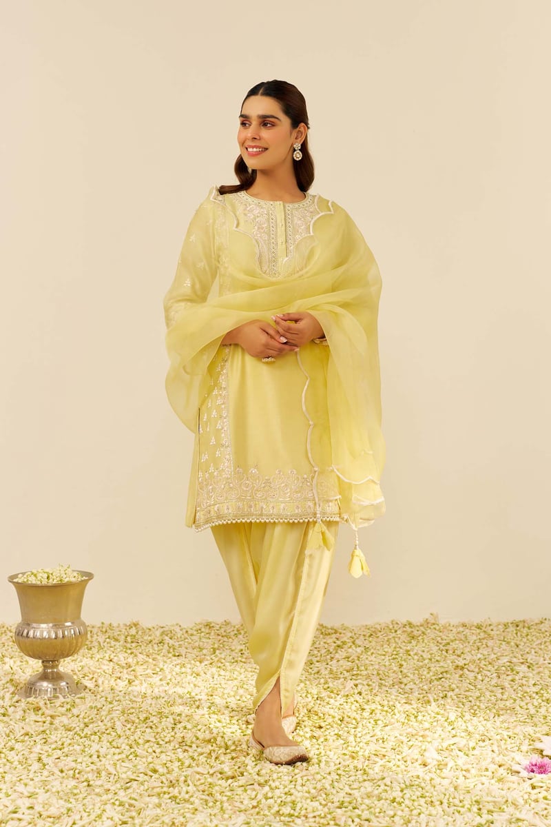 Lemon Yellow Embroidered Kurta and Dhoti Set — Sheetal Batra