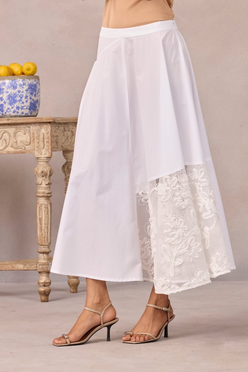 Bright White Panelled Flared Midi Skirt with Floral Applique