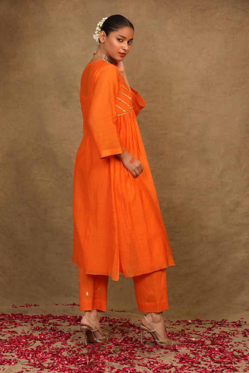 Orange Silk Chanderi Gota Work Kurta Set with Dupatta